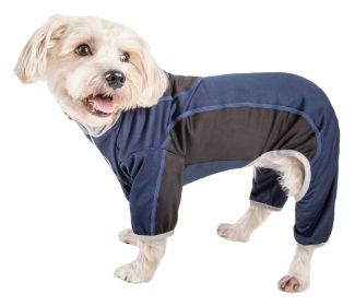 Pet Life Active 'Warm-Pup' Heathered Performance 4-Way Stretch Two-Toned Full Body Warm Up (Color: Navy, size: small)