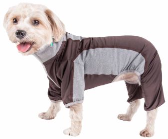 Pet Life Active 'Warm-Pup' Heathered Performance 4-Way Stretch Two-Toned Full Body Warm Up (Color: Brown, size: medium)